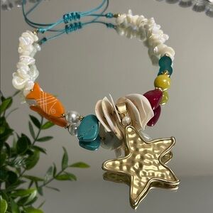 Gold Star Seashell Necklace with Turquoise & Multicolor Beads